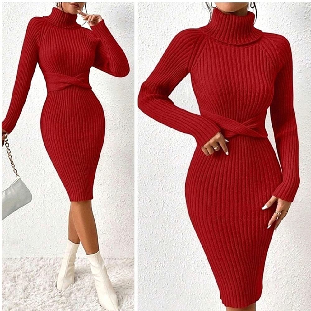 NEW Luxe Ribbed Knit Turtleneck Sweater Dress Bodycon Twist Waist Red